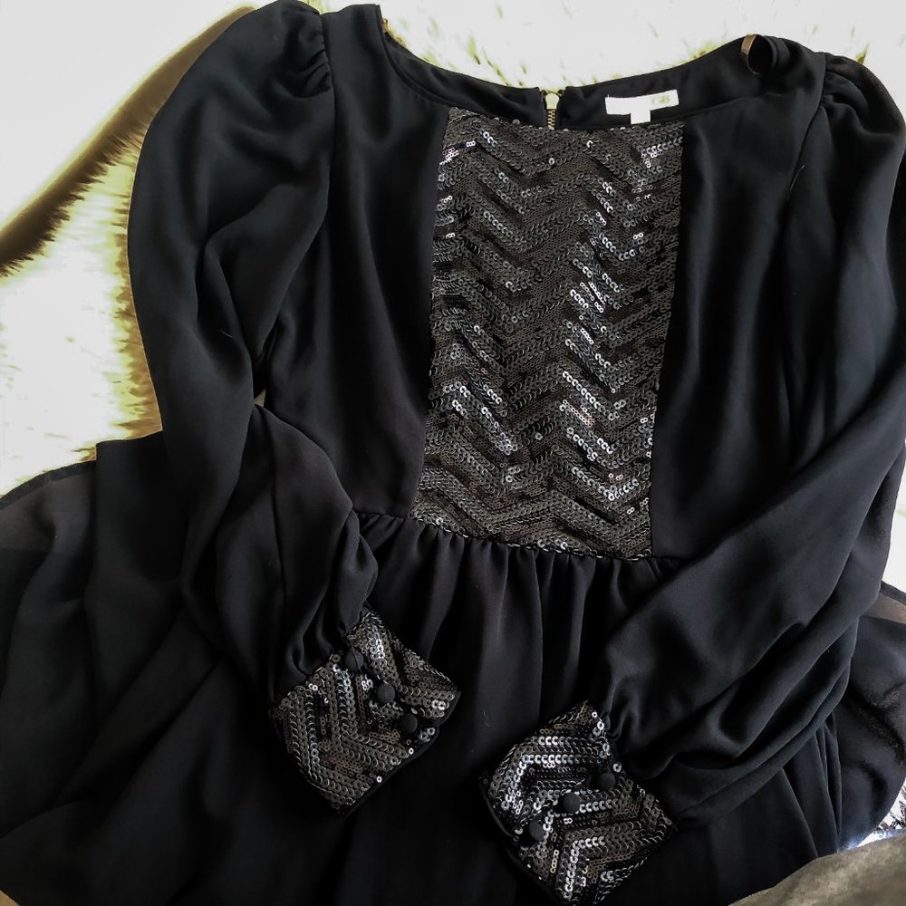 Gianni Bini Black Sequin Hi-Low Cocktail Dress | Long Sleeve | Size 5 - Picture 5 of 10